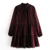 Vintage burgundy Bow Tie Mini Dresses Women Fashion Solid Pleated Dress Elegant Ladies Long Sleeve Chic Vestidos 210520