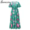 Surmiitro v-hals lange zomer jurk vrouwen mode korte vlinder mouwen bloemen print tuniek strand party midi sundress vrouw 210712