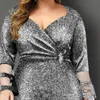 Verão plus size cintura alta vestido colante feminino elegante sexy decote em v malha de seda brilhante vestidos de festa de casamento à noite