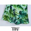 TRAF Women Chic Fashion Tropical Print Midi Camisole Dress Vintage Backless Side Vents Thin Straps Female Dresses Mujer 210415