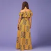 Isarose Lady 2 Pieces Set Sexig High Slit African Maxi Dress Set för Kvinnor Slash Neck Puff Sleeve Rich Bazin Party Club Wear 210422