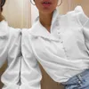 Elegant Office Lady Solid Shirt Casual Puff Long Sleeve Turtleneck Blouse Casual Single-Breasted Solid White Tops Simple Blouse 210518