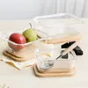 Glass Lunch Box With Wood Cover Household Transparent Fruit Bowl Portable Microwave Bento Students Picnic Container Dinnerware Sets