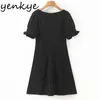 Moda mulheres vintage vestido preto feminino sexy v pescoço manga curta a linha mini elegante senhora vestidos verão robe 210430