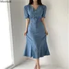 Vestido de mezclilla azul de verano para mujer, túnica Vintage, manga corta abullonada, cuello en V, trompeta, sirena, vestidos de mujer con bolsillo 210513