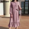 Beavant A-Line Pink Sashes Длинные платье Женщины Ruffled Poleka Dot Элегантное Платье Офис Леди Винтаж Осенняя Женская вечеринка Vestido 210709