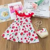 Girls Short Sleeve Strawberry Fruit Print Dress Toddler Kids Baby Girls Casual Strawberry Print Dress Princess Bag Set Outfits Q0716