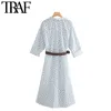 Traf Women Chic Modna moda z paskiem kwiatową koszulę Midi Sukienka Vintage trzy ćwierć rękawowe sukienki żeńskie 210415