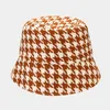 Ins Houndstooth padrão grosseiro pescador chapéu feminino grosso quente balde chapéu mulheres outono inverno casual bacia chapéu