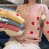 Strawberry Embroidery Sweater Women Autumn Retro Loose Femme Coat Pearl Buttons Sweet Cute Knitted Cardigan 210422