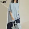 [EAM] Kadınlar Siyah Büyük Boy Rahat Eklenmiş Geri Uzun T-shirt Yuvarlak Boyun Yarım Kollu Moda İlkbahar Yaz 1dD8011 210512