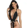 Black Contrast Swimsuit High Leg Cut Swimwear Women Sexy Bathers Plunging Monokini Wrap Belt Thong Bathing Suit 210520