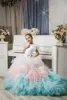 結婚式ジュエルネックのためのカラフルな花の女の子のドレスティアードチュールの誕生日ガウンページェントの最初の聖体拝領の着用