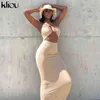 Kliou Solid Vintage Maxi платье BodyCon Halter Bandage Colalevage HALLOW OUT Одежда Хипстер Сексуальная полуночная вечеринка Streetweart Hot Y1204