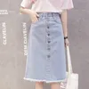 Flectit Button Front Midi Denim for Women Casual High Waist Fray Hem with Pocket Knee Length Jeans Skirt Female * 210408
