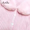 Artsu Ribbed Knitted Cardigans Sweaters With Fur Trim Collar Long Sleeve Slim Autumn Winter Jumpers Women Knitwear Chic 4 210918