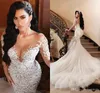 2022 luxe arabe sirène robes de mariée Dubaï cristaux scintillants manches longues robes de mariée tribunal train tulle jupe robes de