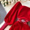 Elegant Red Velvet Dress Women's Luxury Embroideried Slim Waist Puff Sleeve Square Collar Vintage Party 210603