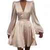 Casual Women's Dress Party Dresses Woman Clothes Female Clothing Women Satin V Neck Puff Long Sleeve Elegant Autumn 2021