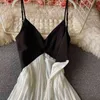 Summer Chiffon Backless Sling Long Dress Women Elegant V-neck A-line skirt Black Splicing White High Waist Gown Dresses 210430