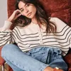 Novo Outppy Outono 2020 Bege Camisola de Malha Botão de Mulheres Oversize Suéter Pullover Vintage Listrado Inverno Casual Escritório Jumper X0721