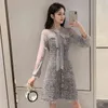 Automne et hiver sexy transparent maille tweed robe ruban arc simple boutonnage à manches longues chic 210520