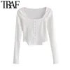 Women Fashion With Buttons Cropped Knitted Blouses Vintage Square Collar Long Sleeve Female Shirts Chic Tops 210507
