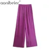 Purple Loose Satin Pants Thin Summer Side Zipper High Waist Women Casual Trousers Folds Detail Female Wide Leg Pant 210604