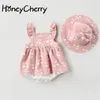 Baby Bodys Sommerkleidung Mode süße Kirsche Drucke Kinderkleidung Bodys Kleid mit Hut Jumpsuits 210701