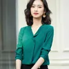 Jedwab Top Profesjonalny Pół Rękawów Ruffles Design Szyfonowe Bluzki Ogół Panie Temperament V Neck Work Green 210604