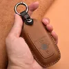 Crazy Horse Leather Car Key Case för Mustang 2018 Ecosport Smart Remote Fobs Shell Cover Keys Väska Keychain Auto Tillbehör