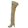 Effetti di legno di lusso Tacco alto Moda Nuovi stivali alti alla coscia Colore rosso Scarpe da gladiatore firmate con lacci da donna