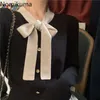 Nomikuma 한국어 빈티지 카디건 여성 나비 넥타이 칼라 긴 소매 니트웨어 Sueter Mujer 대비 색상 캐주얼 스웨터 3D362 210514