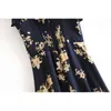 Summer Navy Floral Print Women Sling Dress Ruffles hem Tie Bow Strap Sleeveless Mini Sexy Beach Holiday Vintage 210429