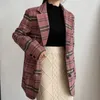 Rosa Brown Plaid Notch Collar Blend Blazer Långärmad Sash Belt Ficka Singelbröst Chic Elegant C0468 210514