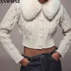 Vrouwen Mode Contrast Knit Faux Fur Jas Reverskraag Vest Vintage Lange Mouw Vrouwelijke Bovenkleding Chic Tops 210520