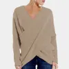 Kobiety Sweter Jesień Sexy Dzianiny Vintage Cross Criss Swetry Casual V Neck Luźne Bluzy Stałe Nieregularne brzeg 5xl