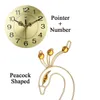 Grote 3D Gouden Diamanten Pauw Wandklok Metalen Horloge voor Thuis Woonkamer Decoratie DIY Klokken Ornamenten 53x53cm 2104013784884