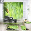Bambusowy i kamienny druk dekoracyjny prysznic zasłony wewnętrzny pokój łazienki zasłony zielony mata do kąpieli zestaw dywan toaletowy japoński wystrój 211116