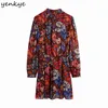 Vintage Multicolor Floral Print Mini Dress Women Bow Tie Collar Long Sleeve Pleated Casual Plus Size Vestido 210514