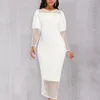 Casual Dresses Frauen Weißes, figurbetontes Kleid Patchwork Mesh Hollow Out Lange Laternenärmel Elegante, edle Damen Vestidos Mantel Afri298g