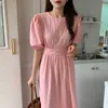 South Korean Chic Lato Elegancki Commute Solid Color Round Collar Powrót Pasek Hollow Hollow High Paist Bubble Rękaw Sukienka Dziewczyna 210526