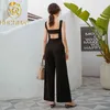 Sexy Backless Jumpsuits Mulheres Sem Mangas Speavetti Strap Bolso Preto Playsuit Mulher Longa Calças Plus Size Ol Moda Ropa Mujer 210506