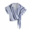 VUWWYV Blue Striped Knot Woman Shirts Summer Casual Short Sleeve Women's Blouses Fashion Streetwear Crop Tops Female 210430