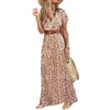 BOHO Women V-образным вырезом с коротким рукавом Пейсли платье для печати ремень больших подол длительные платья летняя пляжная одежда
