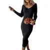 Mode Jurk Effen Kleur VNeck Lange Mouw Gebreide Bodycon Slanke Herfst Winter Voor Vrouwen Whit Kaki Zwarte Casual Jurken4336279