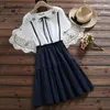 Japanese Embroidery Summer Dress Women Fake Two Pieces Short Sleeve Cotton Blue Pink Dresses Peter Pan Collar Bowknot Vestidos 210520