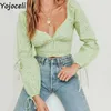 Yojoceli Sexy nœud imprimé chemisier court haut automne décontracté cool élégant chemise de plage femme chic mignon blusas 210609