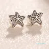 Authentic 925 Silver Starfish Stud Pendientes para Pandora CZ Diamond Body Wedding Pendientes con conjunto de caja de regalo