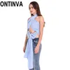 Liquidazione Donna Sciarpa con spalle scoperte Crop Top con papillon Blu Stripe Abbigliamento Camicetta S M L XL XXL Blusas Camicie 210527